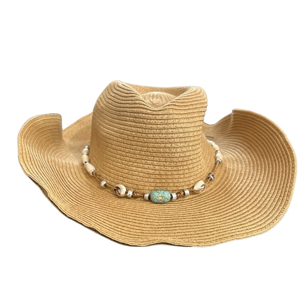 Cato One Size Boho Straw Hat with Bow Detail and Beads and Shelling One Size